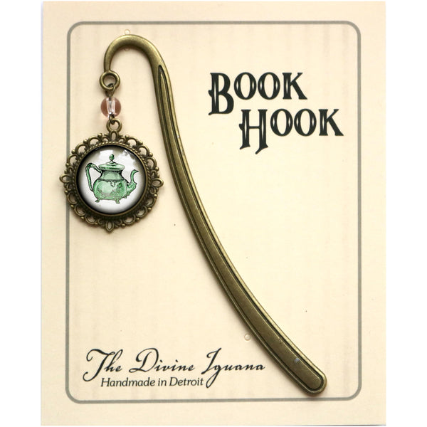 Green Teapot Glass Cabochon Brass Book Hook / Bookmark