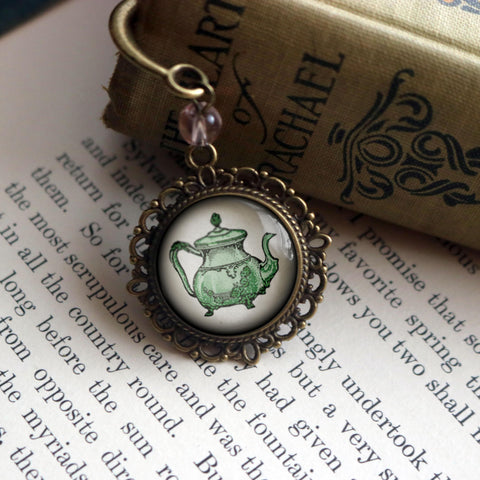 Green Teapot Glass Cabochon Brass Book Hook / Bookmark