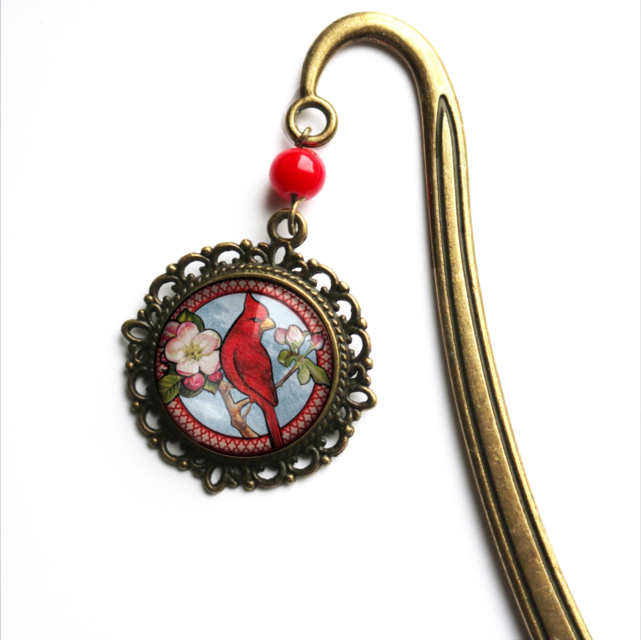 Cardinal Bird Glass Cabochon Brass Book Hook / Bookmark