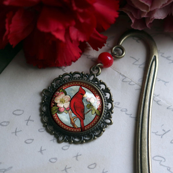 Cardinal Bird Glass Cabochon Brass Book Hook / Bookmark