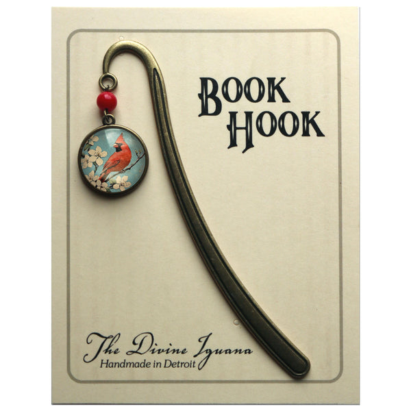 Retro Cardinal Bird Glass Cabochon Brass Book Hook / Bookmark