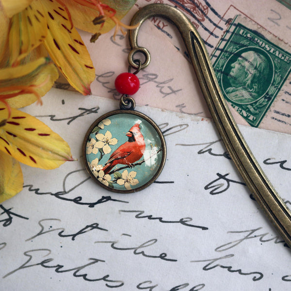 Retro Cardinal Bird Glass Cabochon Brass Book Hook / Bookmark