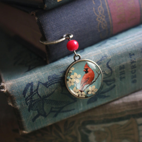 Retro Cardinal Bird Glass Cabochon Brass Book Hook / Bookmark