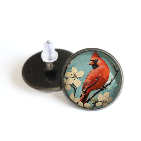Retro Cardinal Bird Victorian Vintage Inspired Stud Earrings