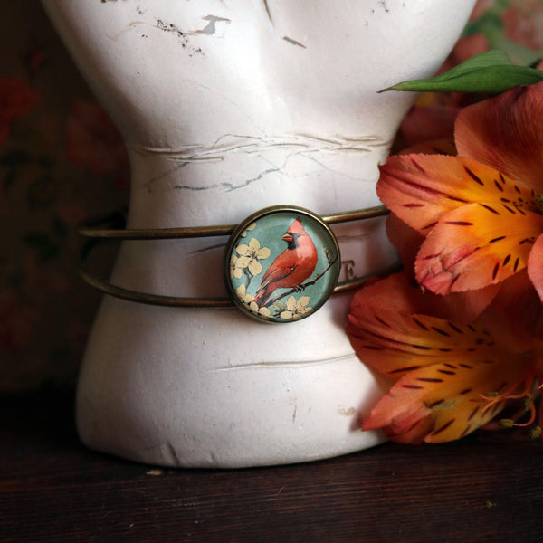 Retro Cardinal Brass and Glass Cabochon Wire Cuff  Bracelet