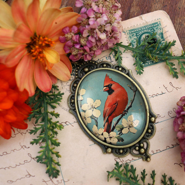 Retro Cardinal Oval Pendant Necklace