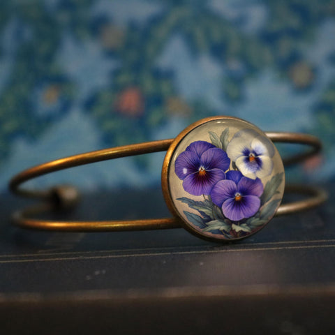 Purple Pansies Cottagecore Cuff Bracelet / Bangle in Antique Brass