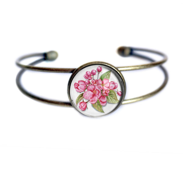 Pink Cherry Blossoms Cuff Bracelet / Bangle in Antique Brass