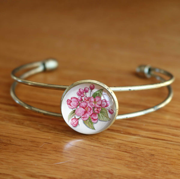 Pink Cherry Blossoms Cuff Bracelet / Bangle in Antique Brass