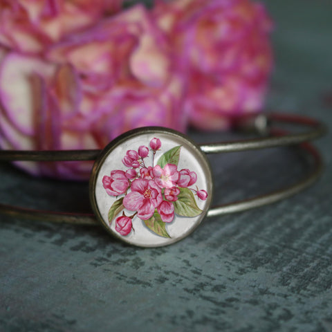 Pink Cherry Blossoms Cuff Bracelet / Bangle in Antique Brass