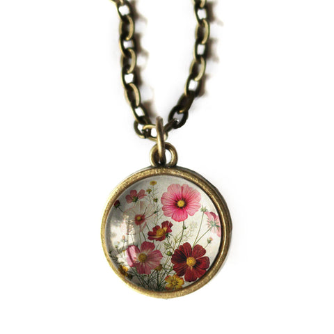 Cosmo Flower Simple Reversible Cottage Core Glass Cabochon Pendant Necklace