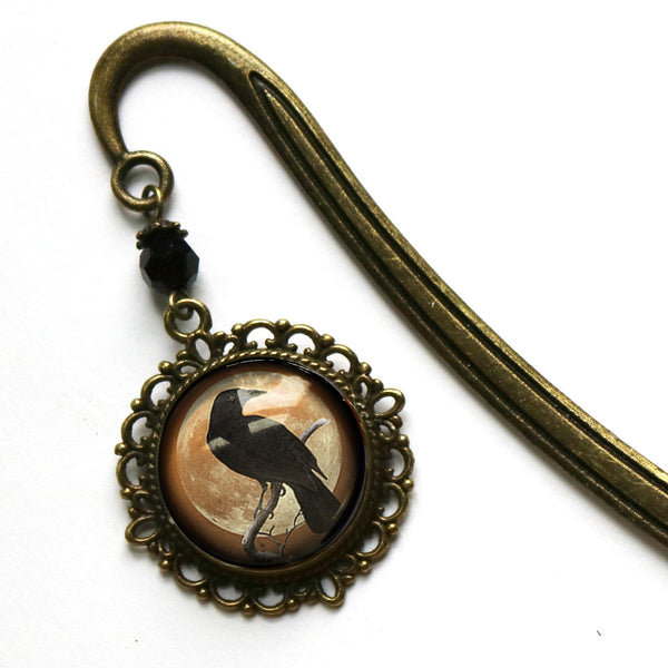 Crow or Raven on Orange Full Moon Glass Cabochon Brass Book Hook / Bookmark
