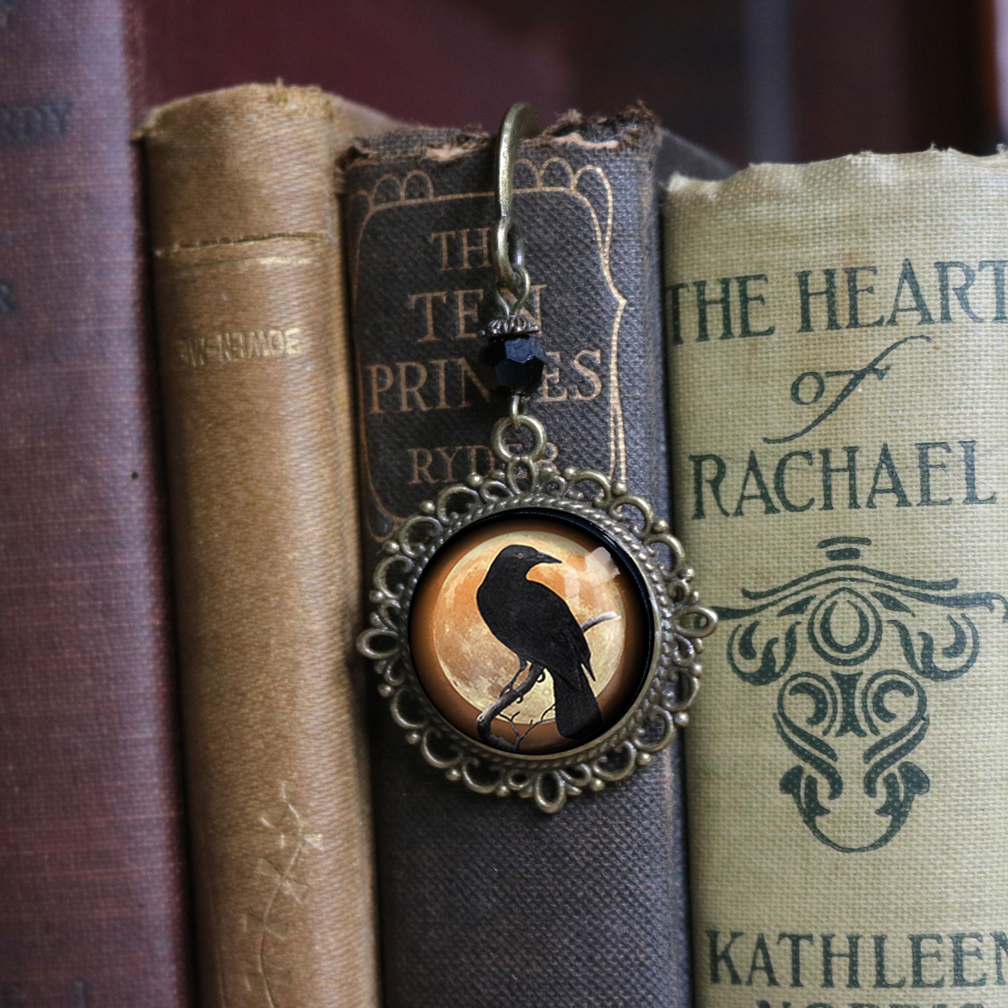 Crow or Raven on Orange Full Moon Glass Cabochon Brass Book Hook / Bookmark