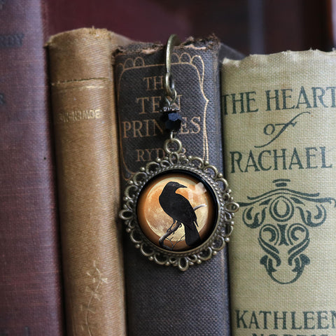 Crow or Raven on Orange Full Moon Glass Cabochon Brass Book Hook / Bookmark