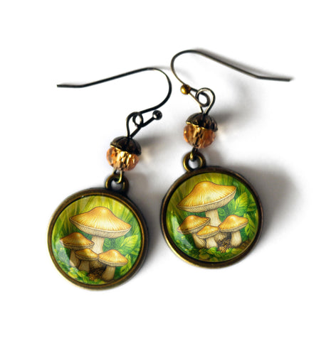 Honey Mushrooms Fairytale Inspired Cottagecore Earrings With Glass Accent Bead