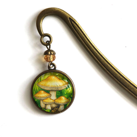 Honey Mushrooms Cottagecore Glass Cabochon Brass Book Hook / Bookmark