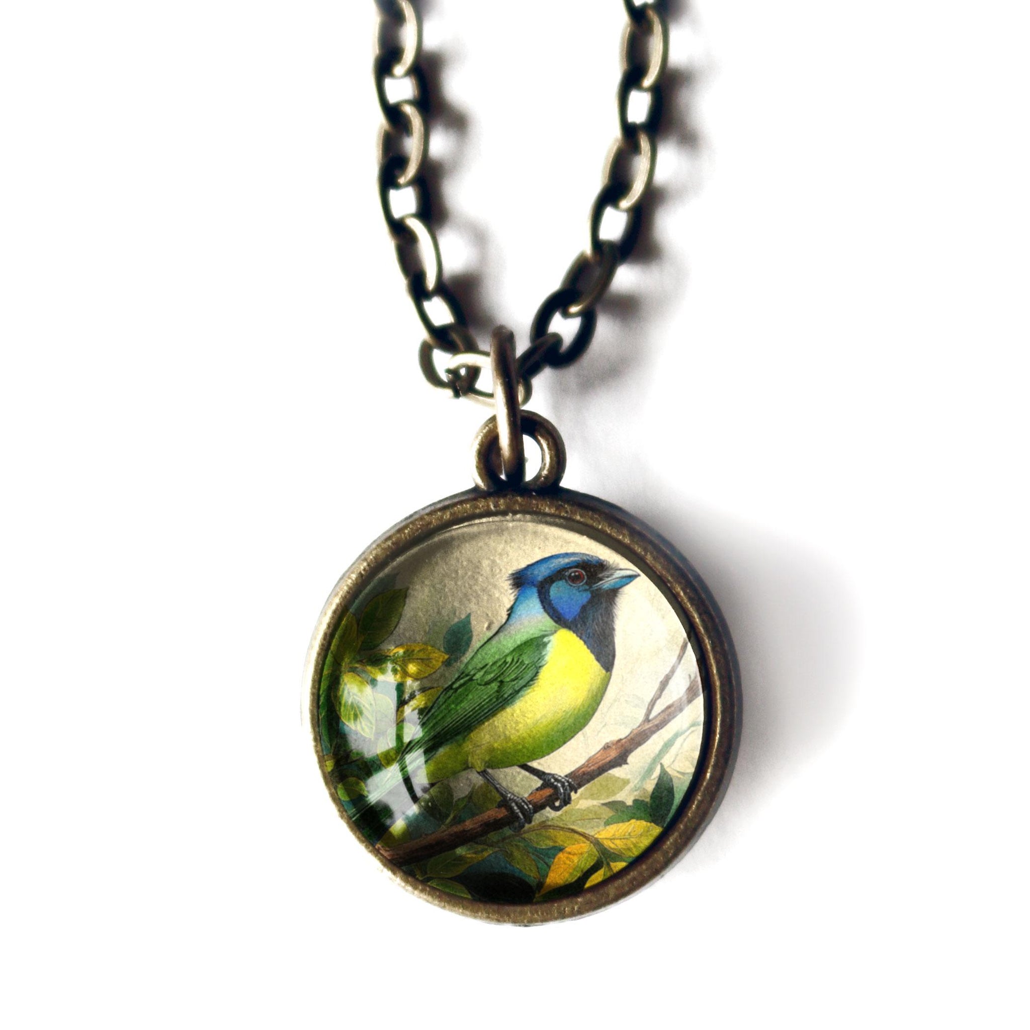Green Jay Bird Reversible Glass Cabochon Pendant Necklace