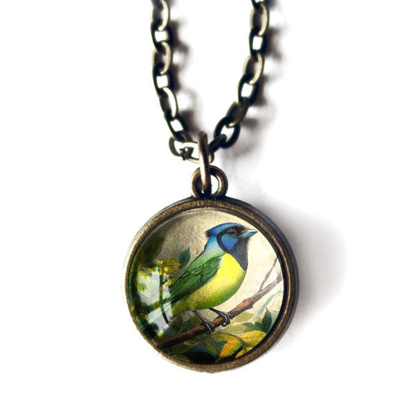 Green Jay Bird Reversible Glass Cabochon Pendant Necklace
