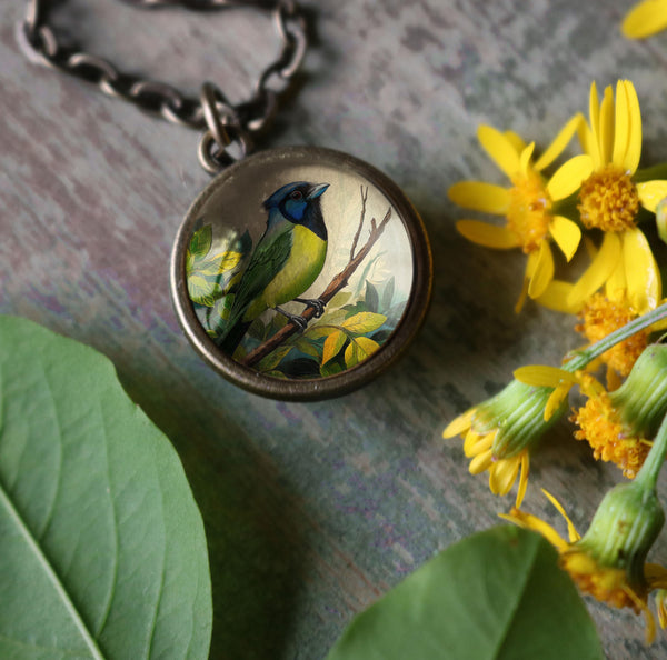 Green Jay Bird Reversible Glass Cabochon Pendant Necklace