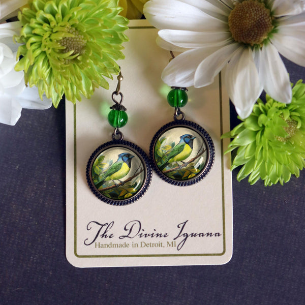 Green Jay Vintage Inspired Glass Cabochon Drop / Dangle Bird Earrings