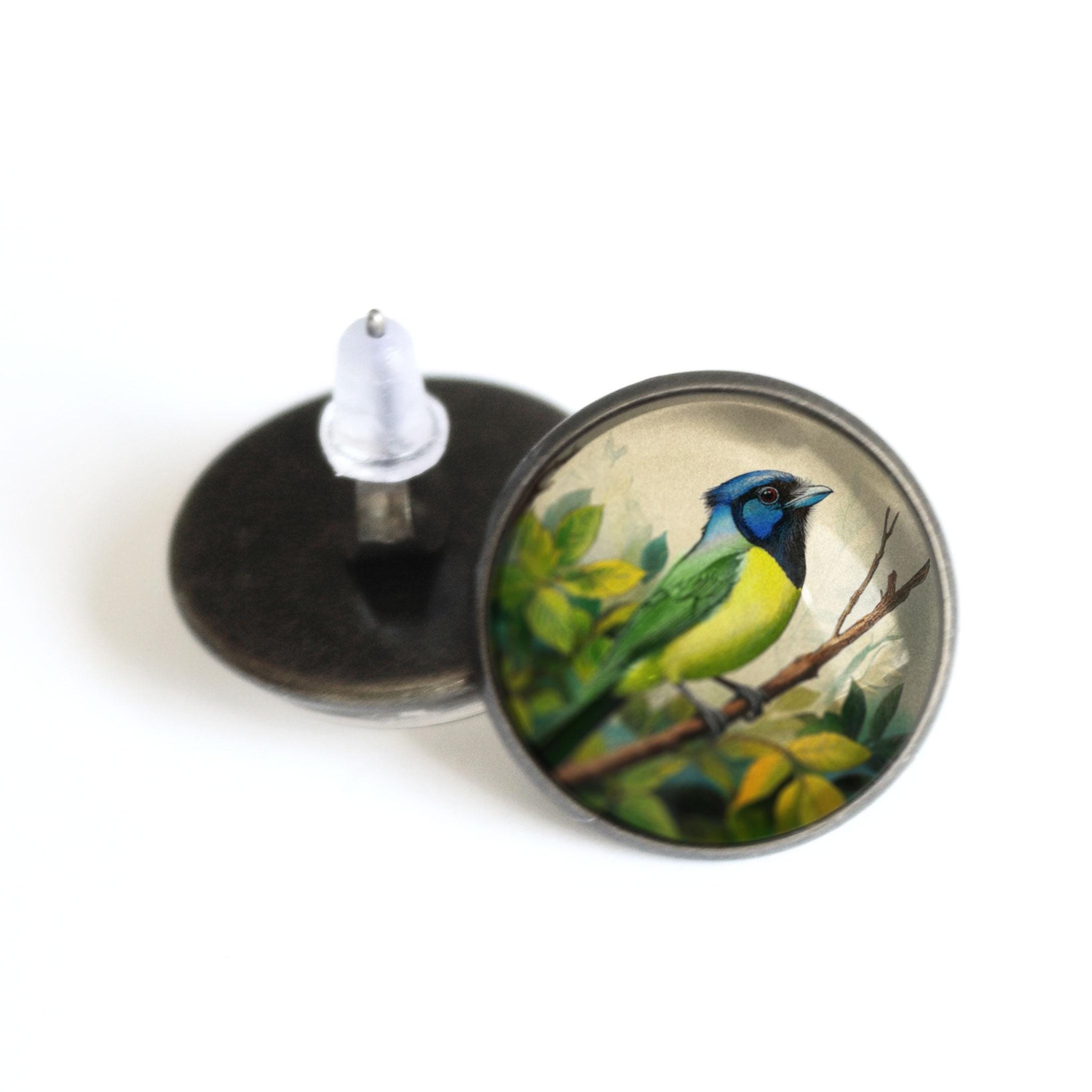 Green Jay Vintage Inspired Glass Cabochon Bird Stud Earrings