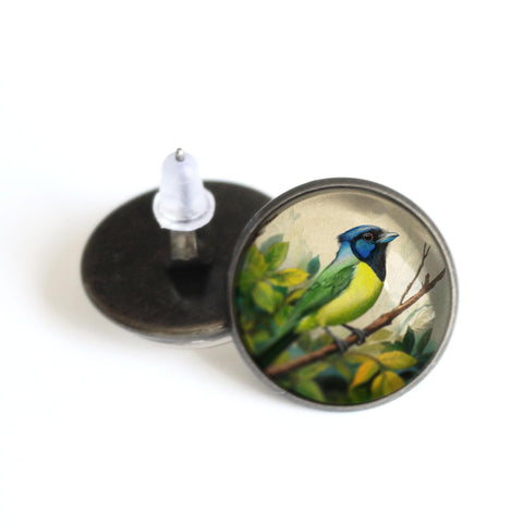Green Jay Vintage Inspired Glass Cabochon Bird Stud Earrings
