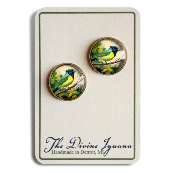 Green Jay Vintage Inspired Glass Cabochon Bird Stud Earrings