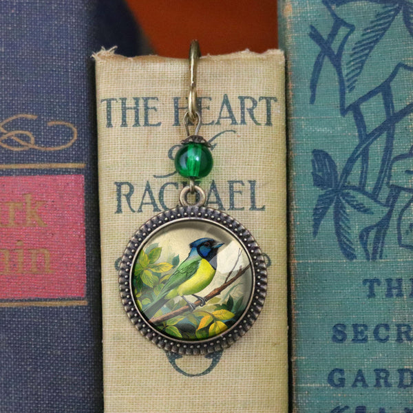 Green Jay Glass Cabochon Brass Bird Book Hook / Bookmark