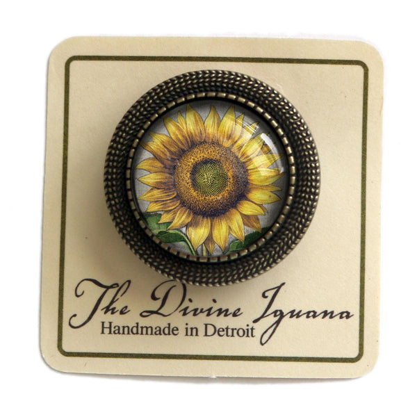 Sunflower Vintage Inspired Glass Cabochon and Brass Pin Brooch