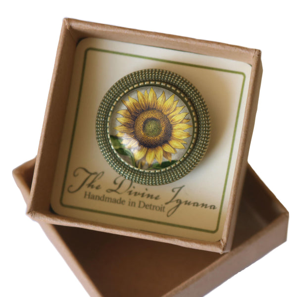 Sunflower Vintage Inspired Glass Cabochon and Brass Pin Brooch