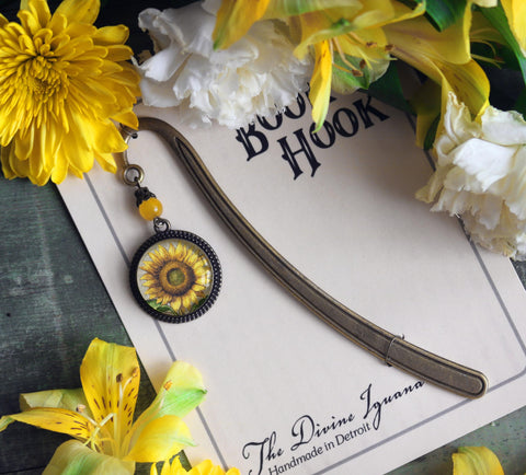 Summer Sunflower Glass Cabochon Brass Book Hook / Bookmark
