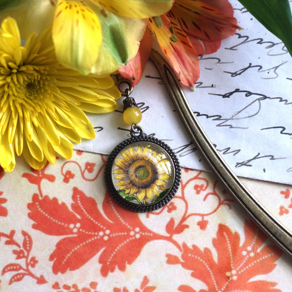 Summer Sunflower Glass Cabochon Brass Book Hook / Bookmark