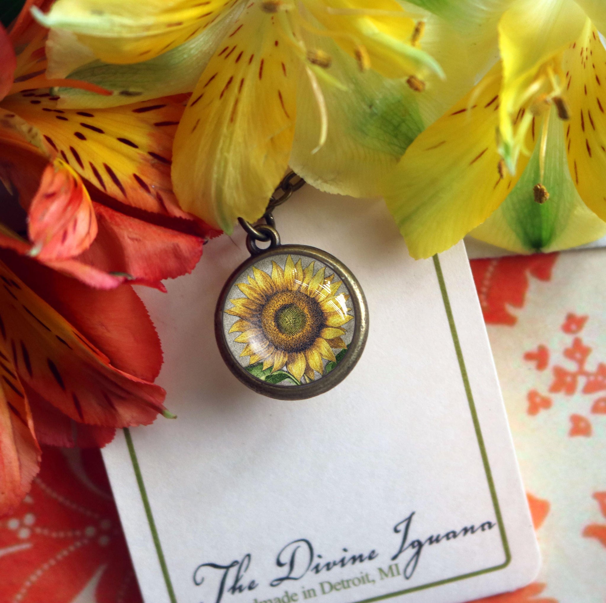 Summer Sunflower Simple Reversible Pendant Necklace