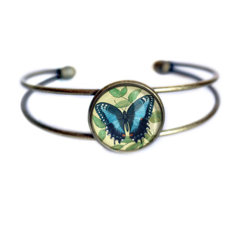 Blue Swallowtail Butterfly Adjustable Charm Bracelet / Bangle in Antique Brass