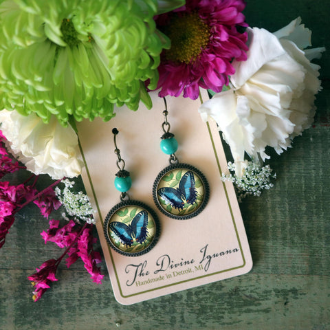 Blue Swallowtail Butterfly Vintage Inspired Drop / Dangle Earrings