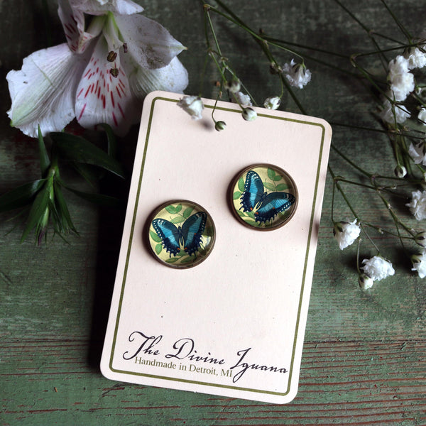 Blue Swallowtail Butterfly Vintage Inspired Stud Earrings