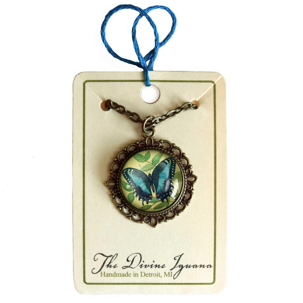 Blue Swallowtail Butterfly Large Pendant Necklace in Ornate Frame