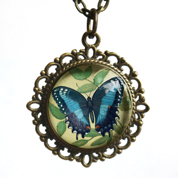 Blue Swallowtail Butterfly Large Pendant Necklace in Ornate Frame