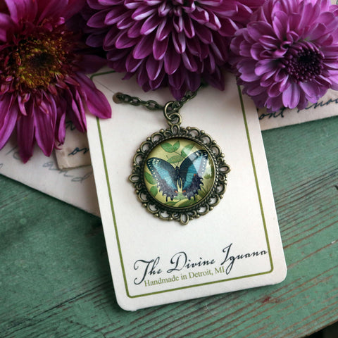 Blue Swallowtail Butterfly Large Pendant Necklace in Ornate Frame