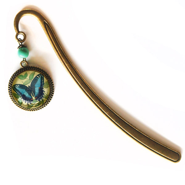 Blue Swallowtail Butterfly Glass Cabochon Brass Book Hook / Bookmark