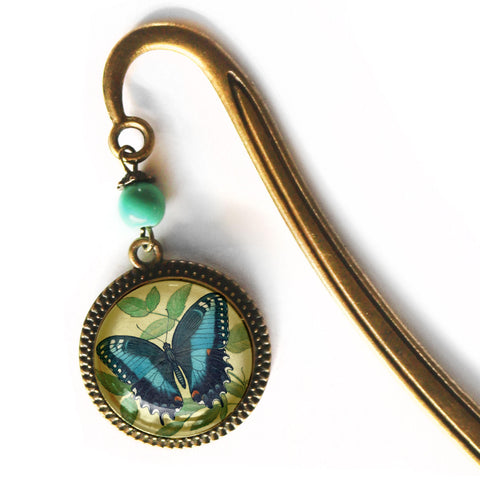 Blue Swallowtail Butterfly Glass Cabochon Brass Book Hook / Bookmark