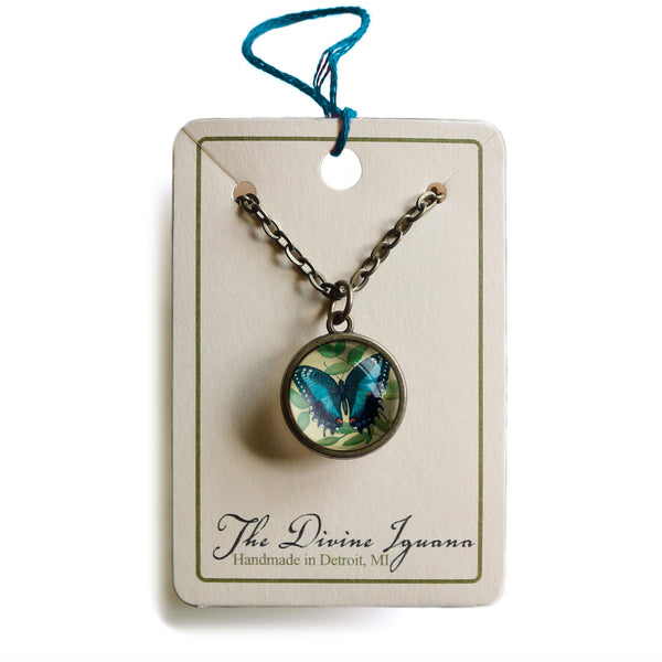 Blue Swallowtail Butterfly Reversible Pendant Necklace