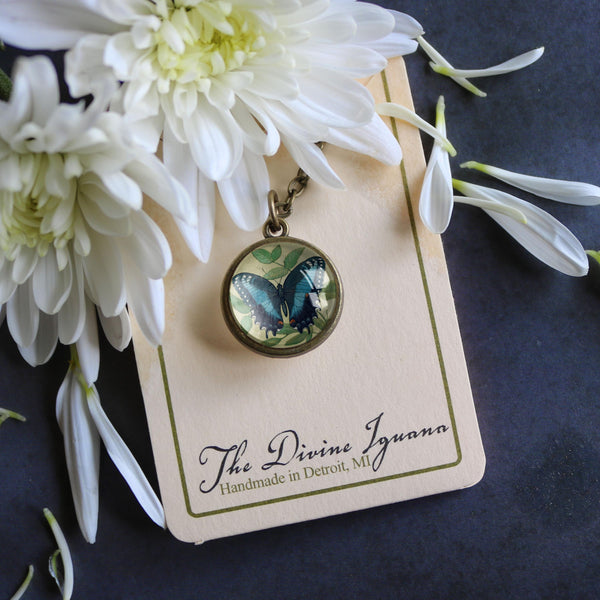 Blue Swallowtail Butterfly Reversible Pendant Necklace