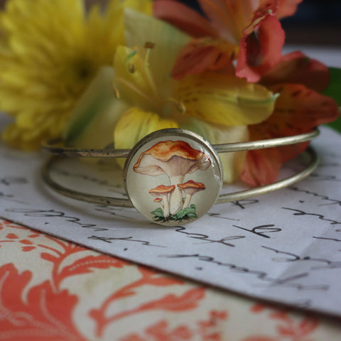 Chantarelle Mushrooms Brass and Glass Cabochon Wire Cuff Cottagecore Bracelet