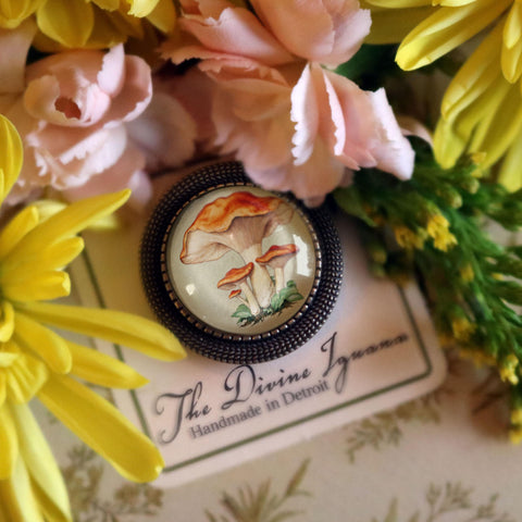 Chantarelle Mushrooms Cottagecore Glass Cabochon Pin Brooch