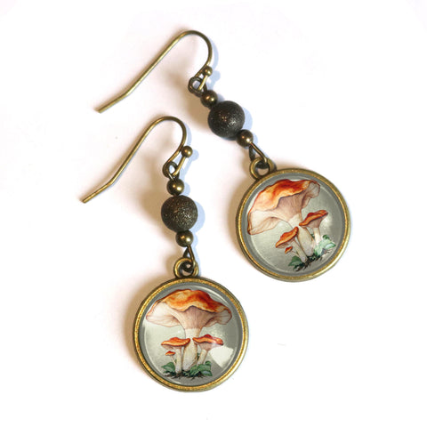 Chantarelle Mushrooms Fairytale Inspired Cottagecore Earrings With Bronze Accent Bead