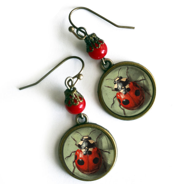 Ladybug Vintage Inspired Drop / Dangle Earrings with Red Glass Accent Bead