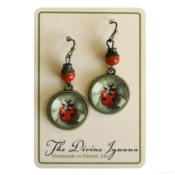 Ladybug Vintage Inspired Drop / Dangle Earrings with Red Glass Accent Bead