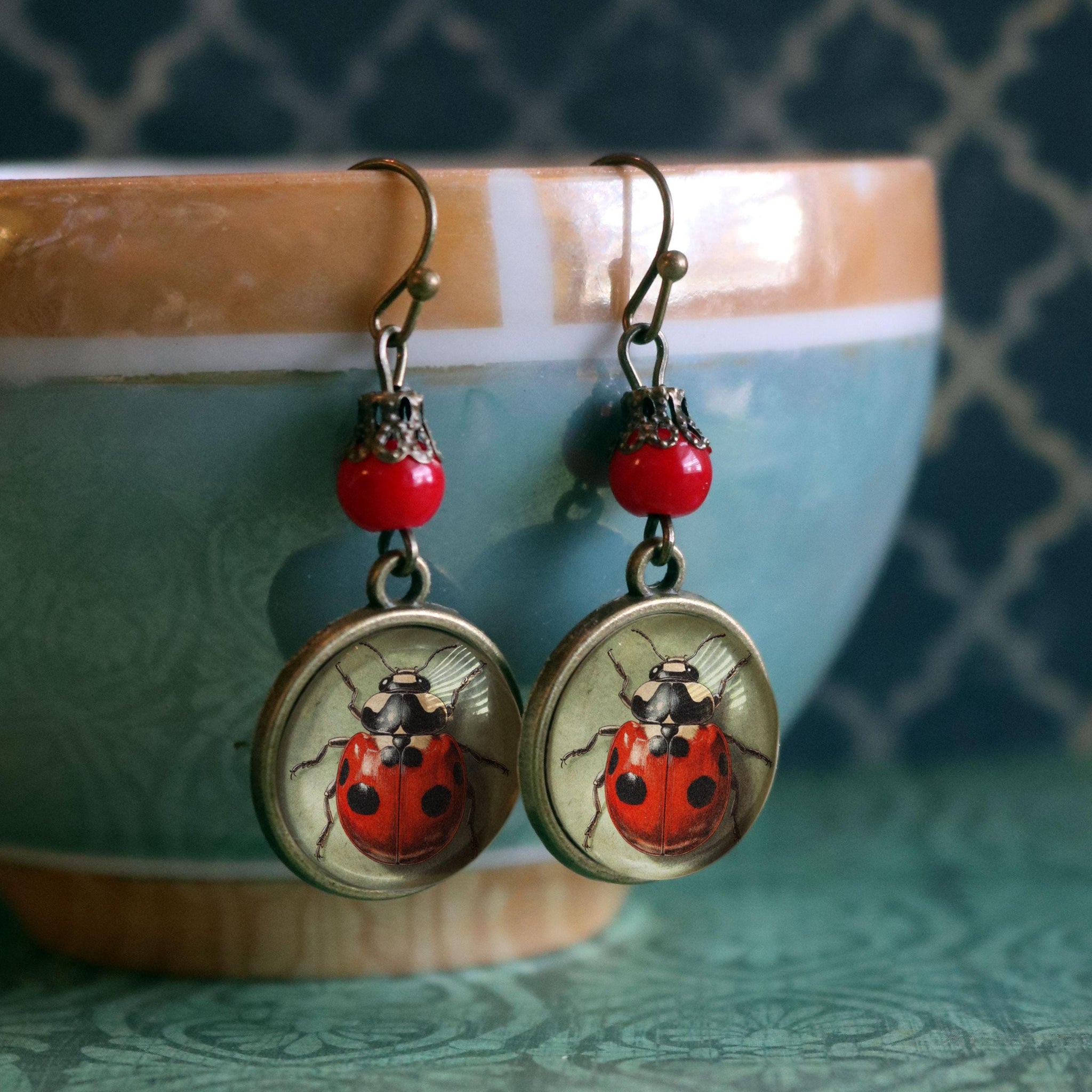 Ladybug Vintage Inspired Drop / Dangle Earrings with Red Glass Accent Bead