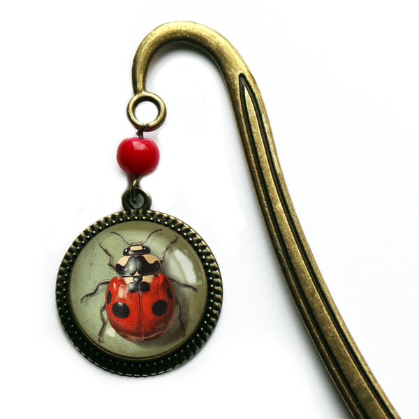 Ladybug Beetle Glass Cabochon Brass Book Hook / Bookmark